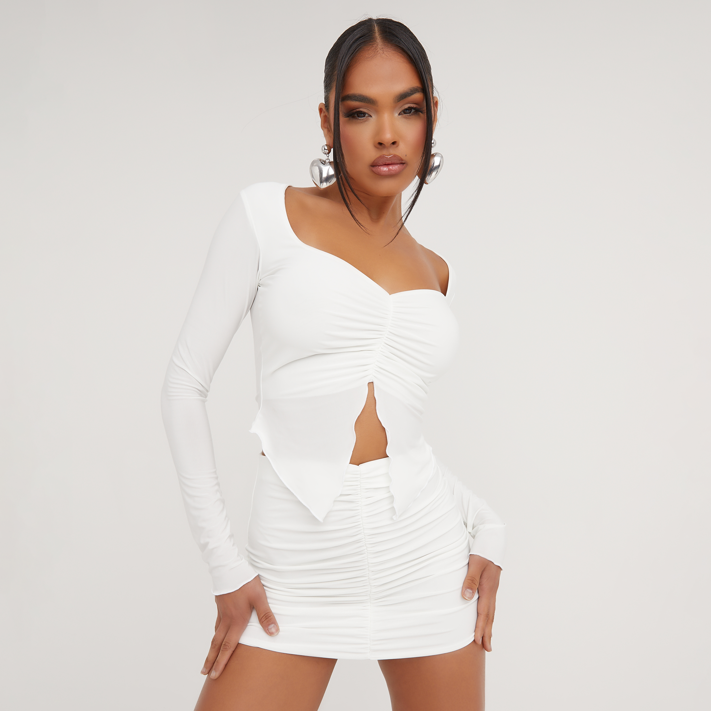 Shape Cream Slinky Ruched Bardot Bodycon Dress