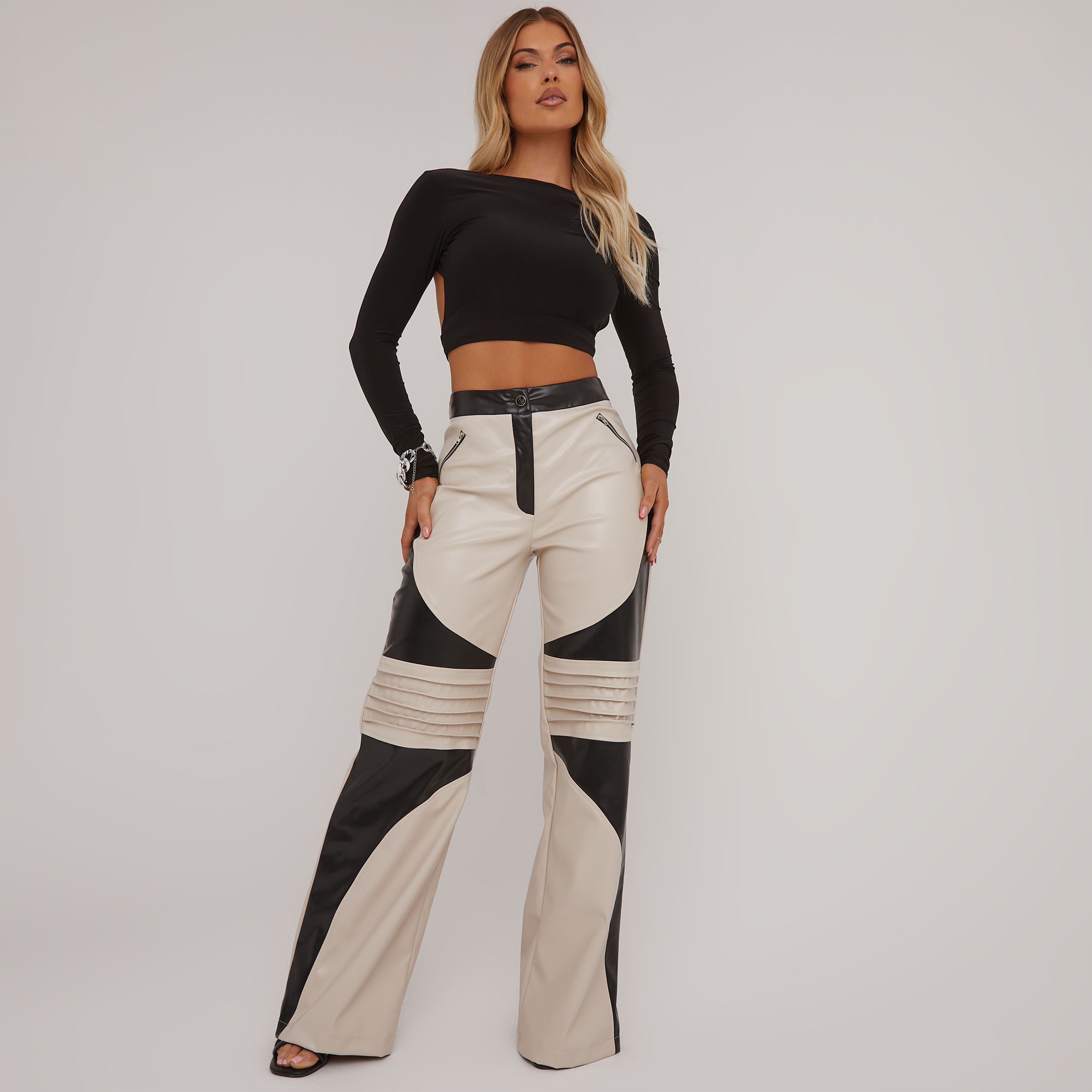 Motorcross Colorblock Real Leather Flared Pants