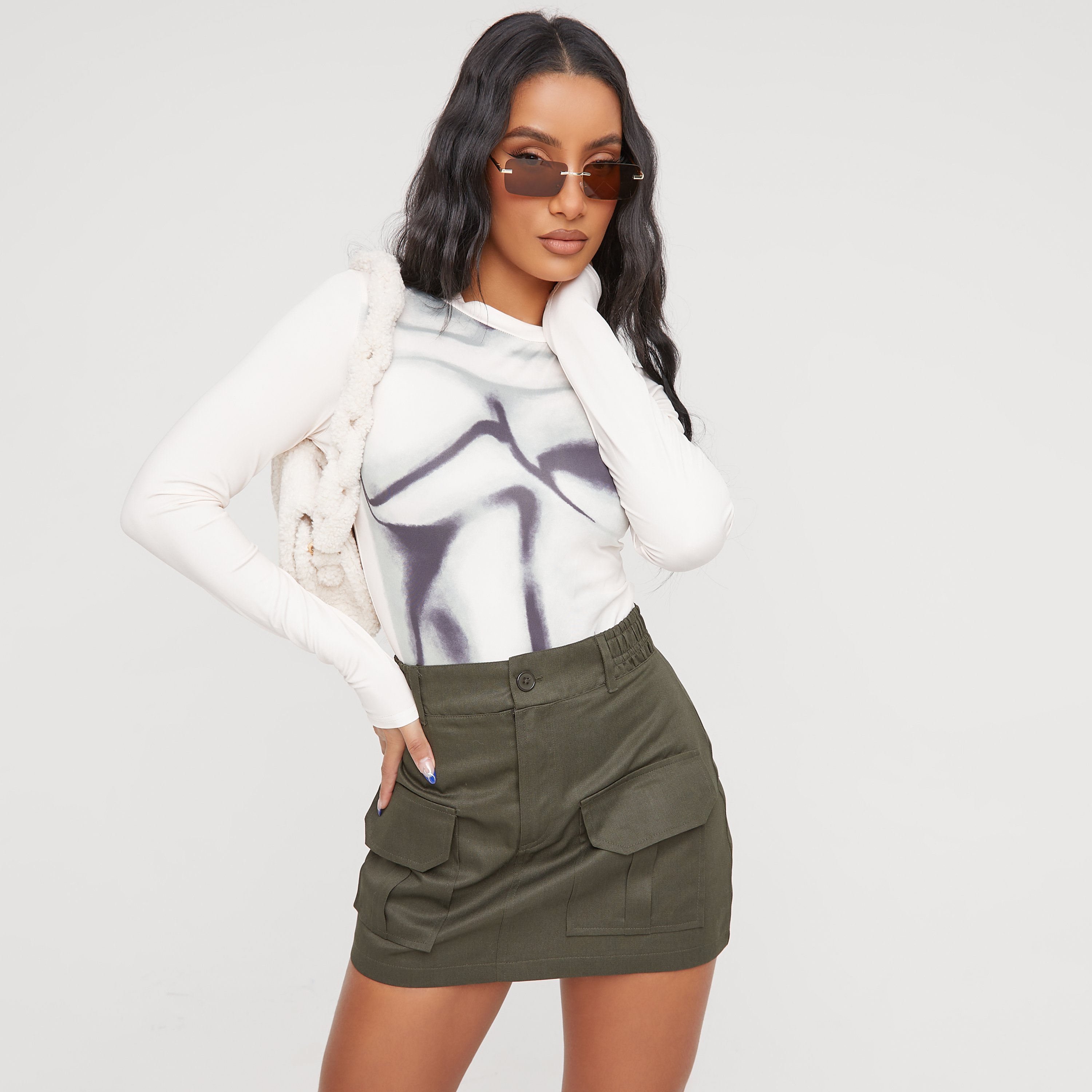Long Sleeve High Neck Body Print Bodysuit In Cream | EGO