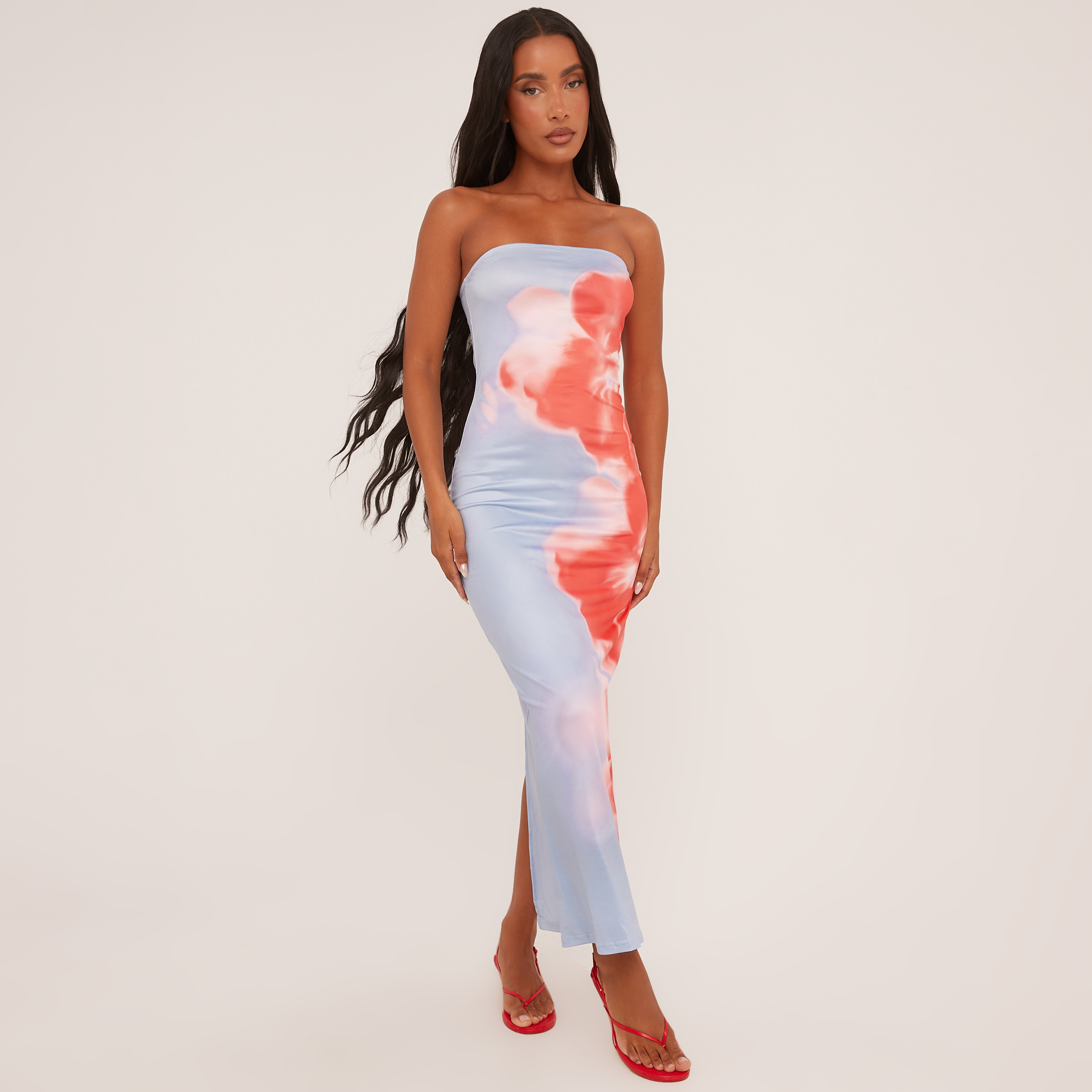 Bandeau Flower Print Maxi Dress In Red | EGO