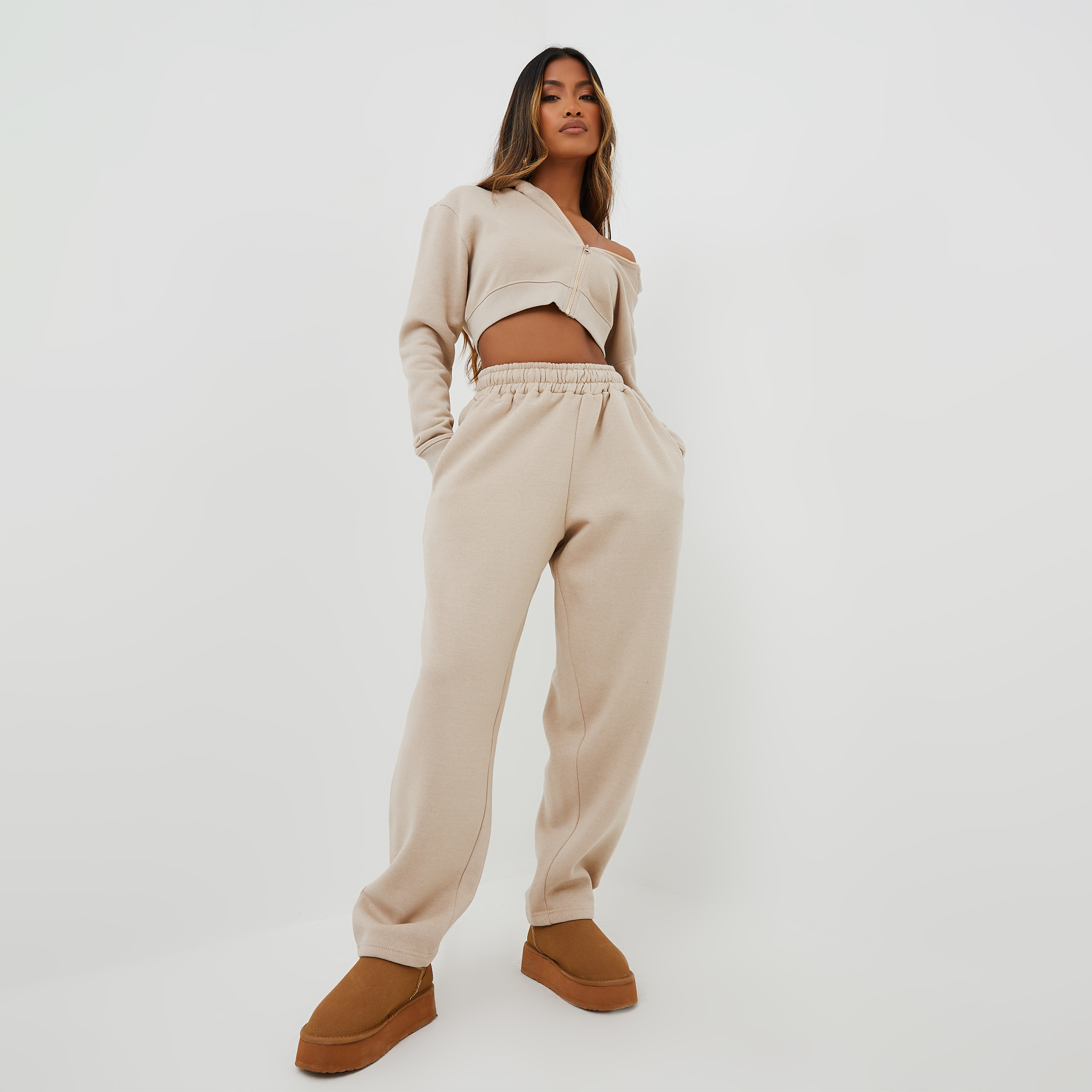 High Waist Oversized Wide Leg Joggers In Beige