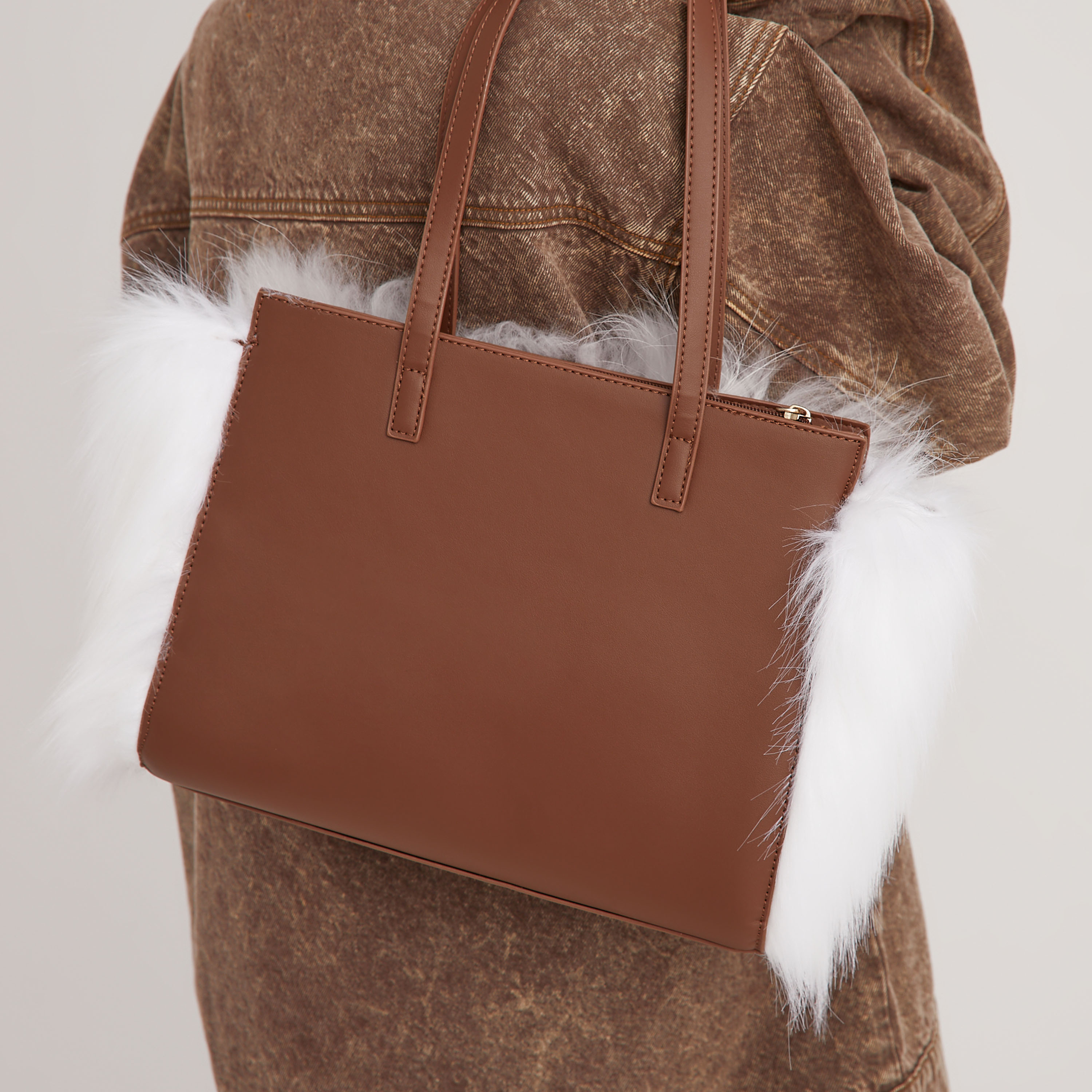 Paradise Faux Fur Trim Detail Shopper Shoulder Bag In Brown Faux Leather