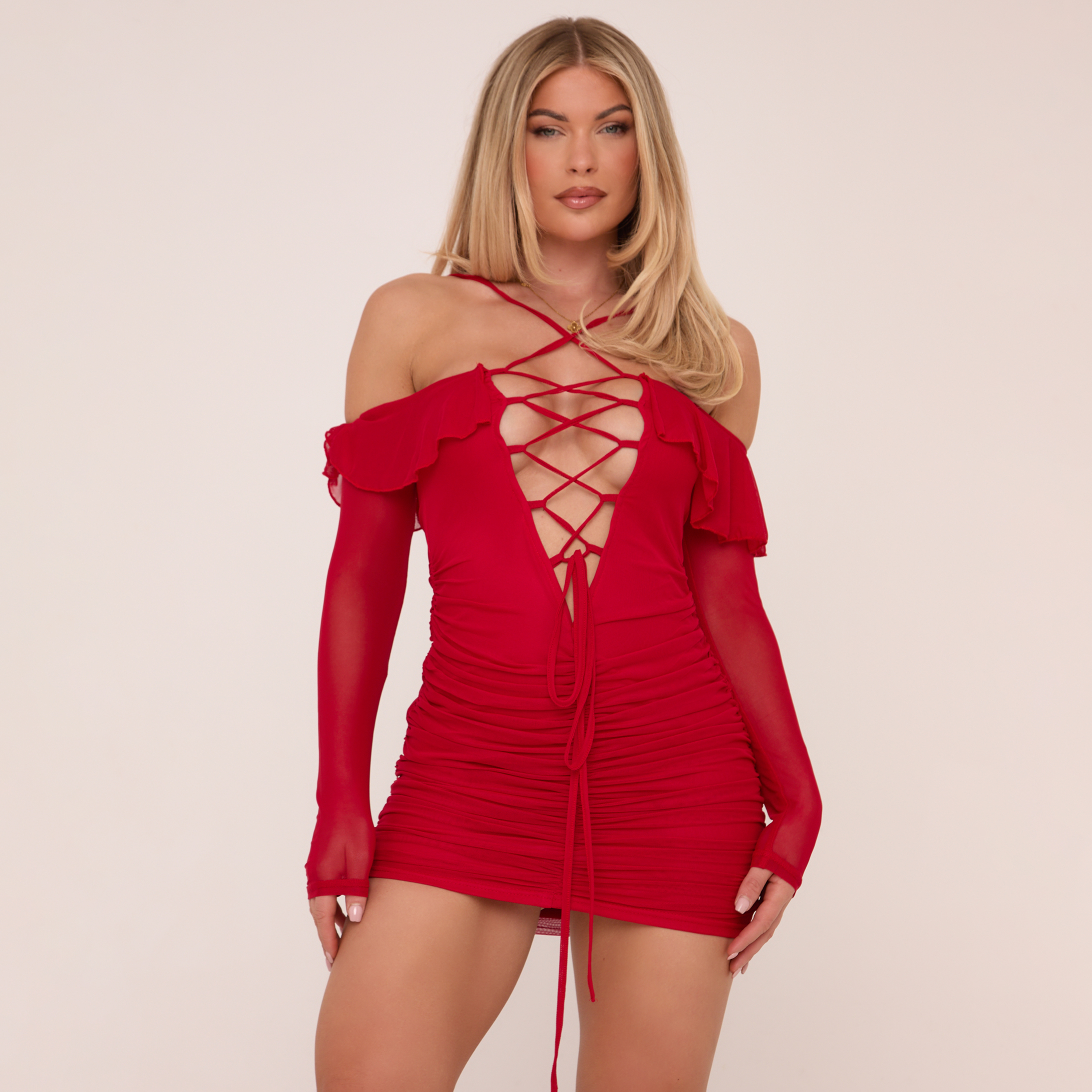 Umenlele Women's Mock Neck Tiered Ruffle Mini Dress - Long Sleeve Smocked Babydoll Dress, Red, Size Small - View #5