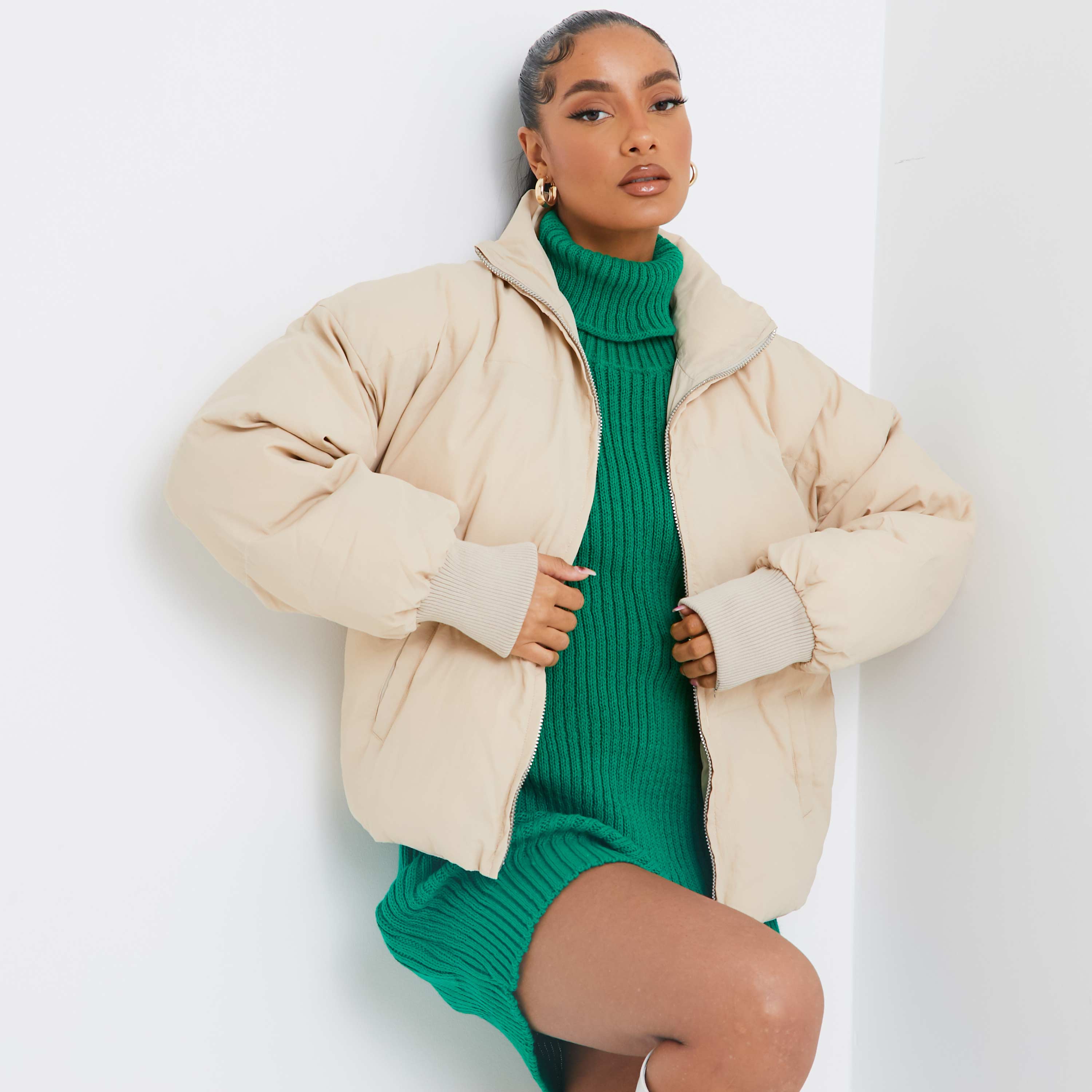 beige oversized puffer coat