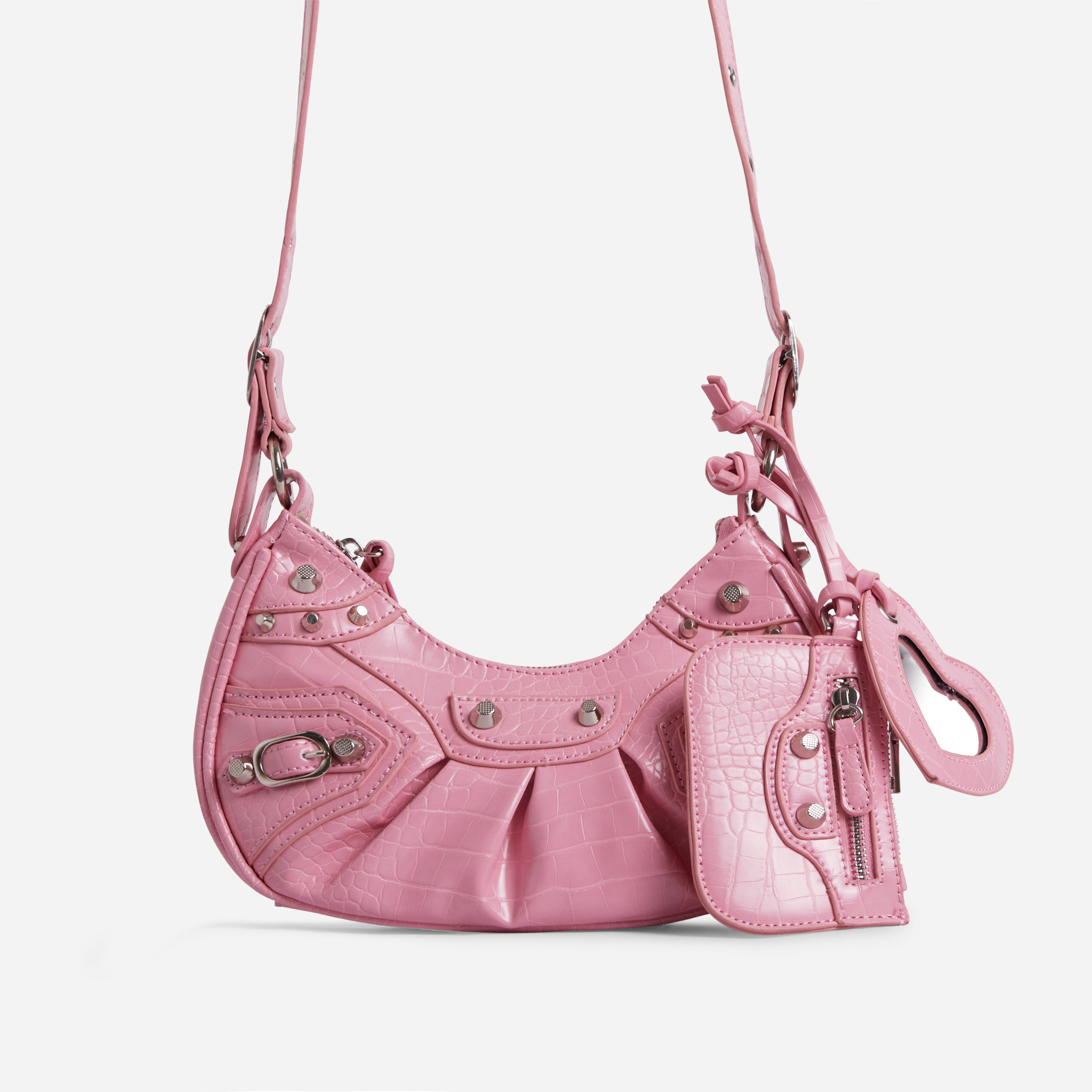 Harlin Studded Purse Detail Shoulder Bag In Pink Faux Leather,, Pink