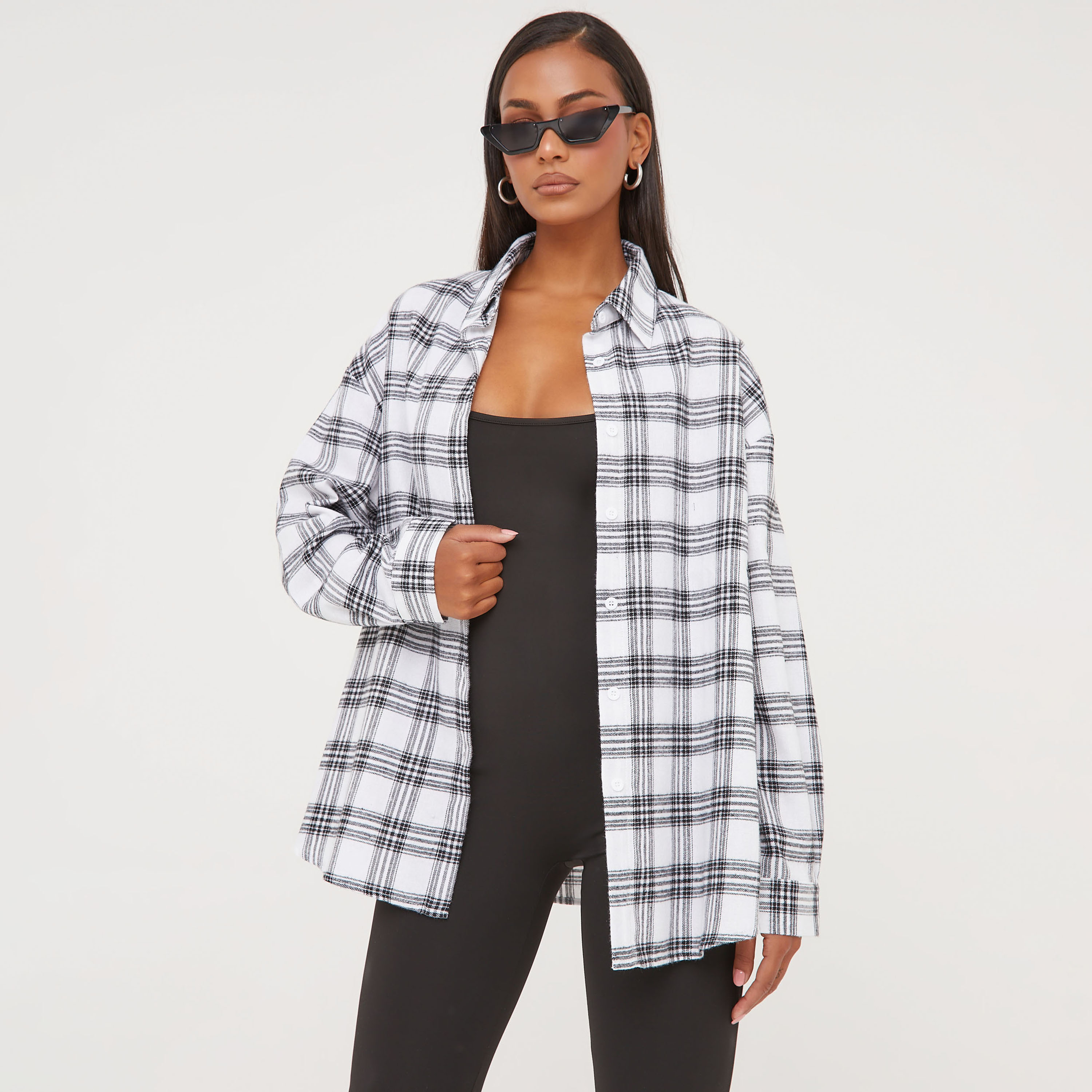 Long Sleeve Oversized Shirt In Checked Monochrome