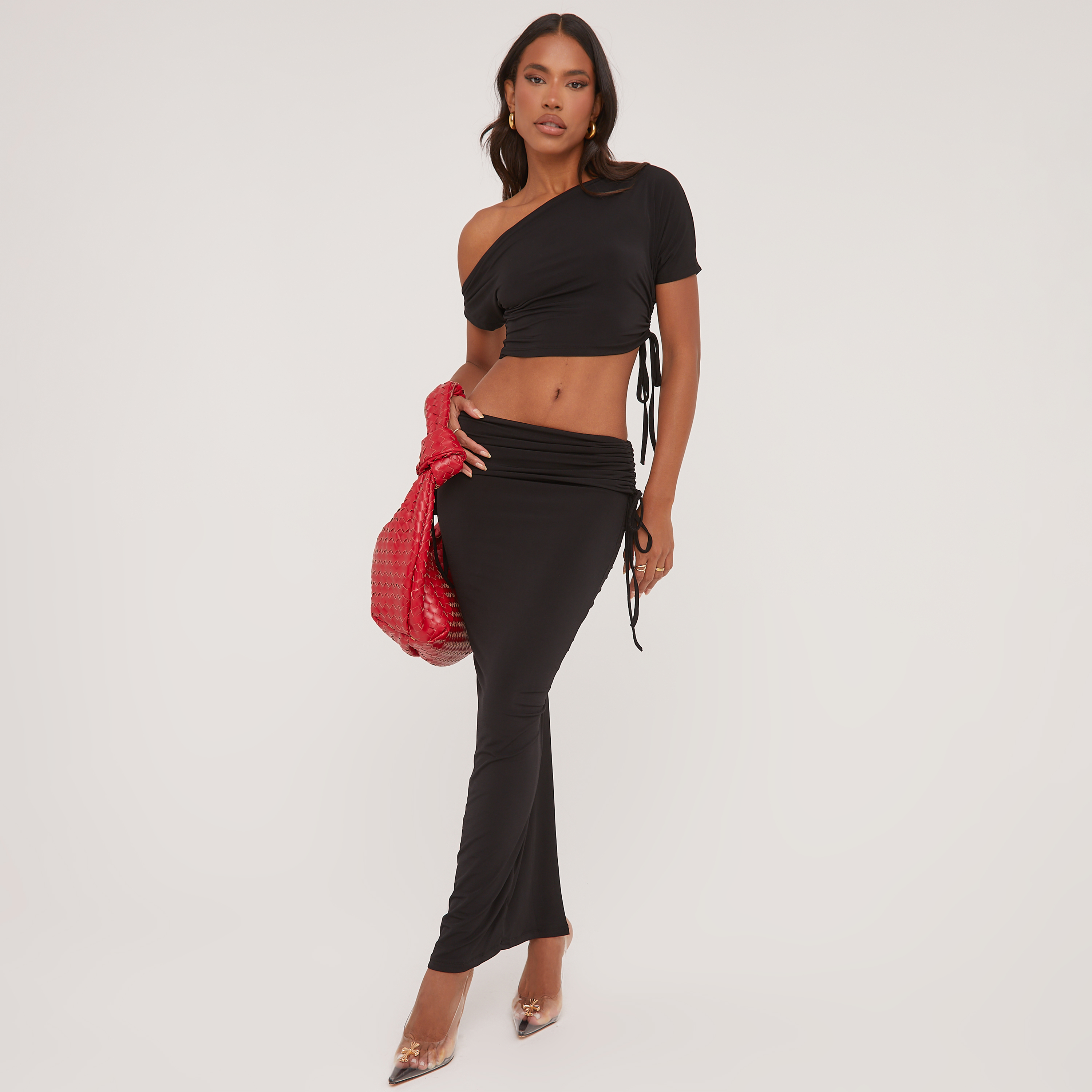 Ruched Detail Asymmetric Crop Top And Low Rise Foldover Waistband Maxi  Skirt Co-Ord Set In Black