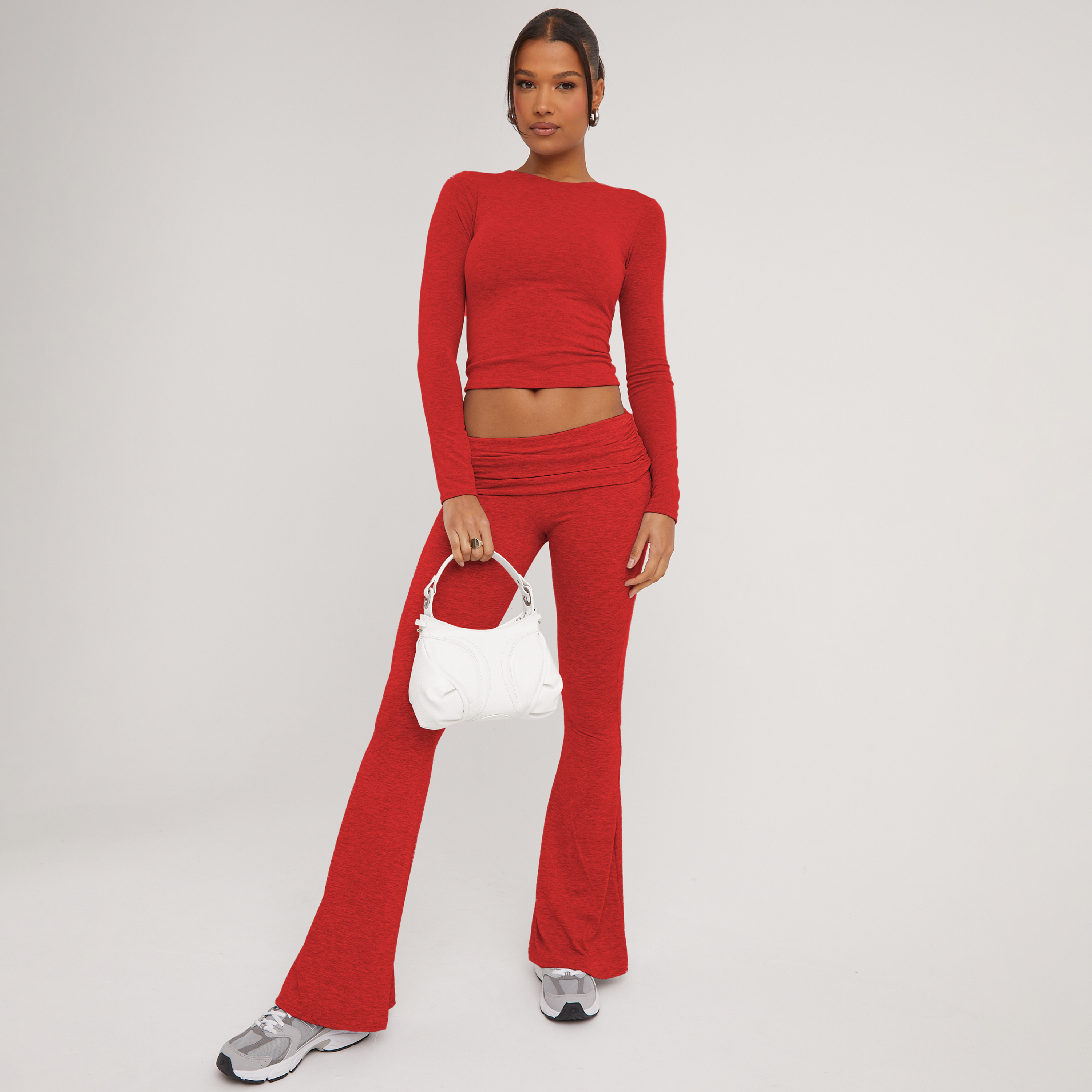 Fold Over Waistband Detail Flared Trousers In Red