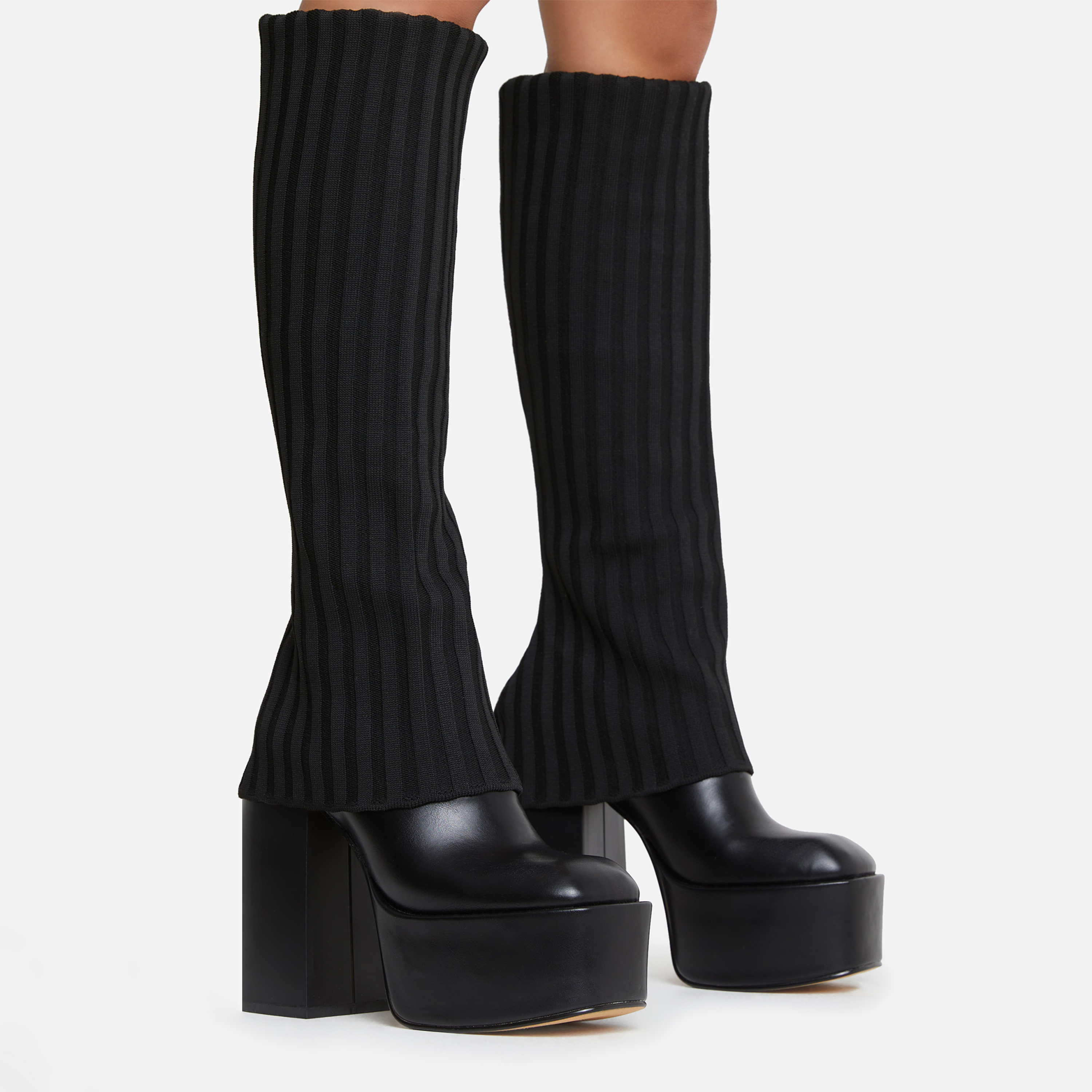 Leila Layered Knit Detail Square Toe Platform Block Heel Calf Boot In Black  Faux Leather