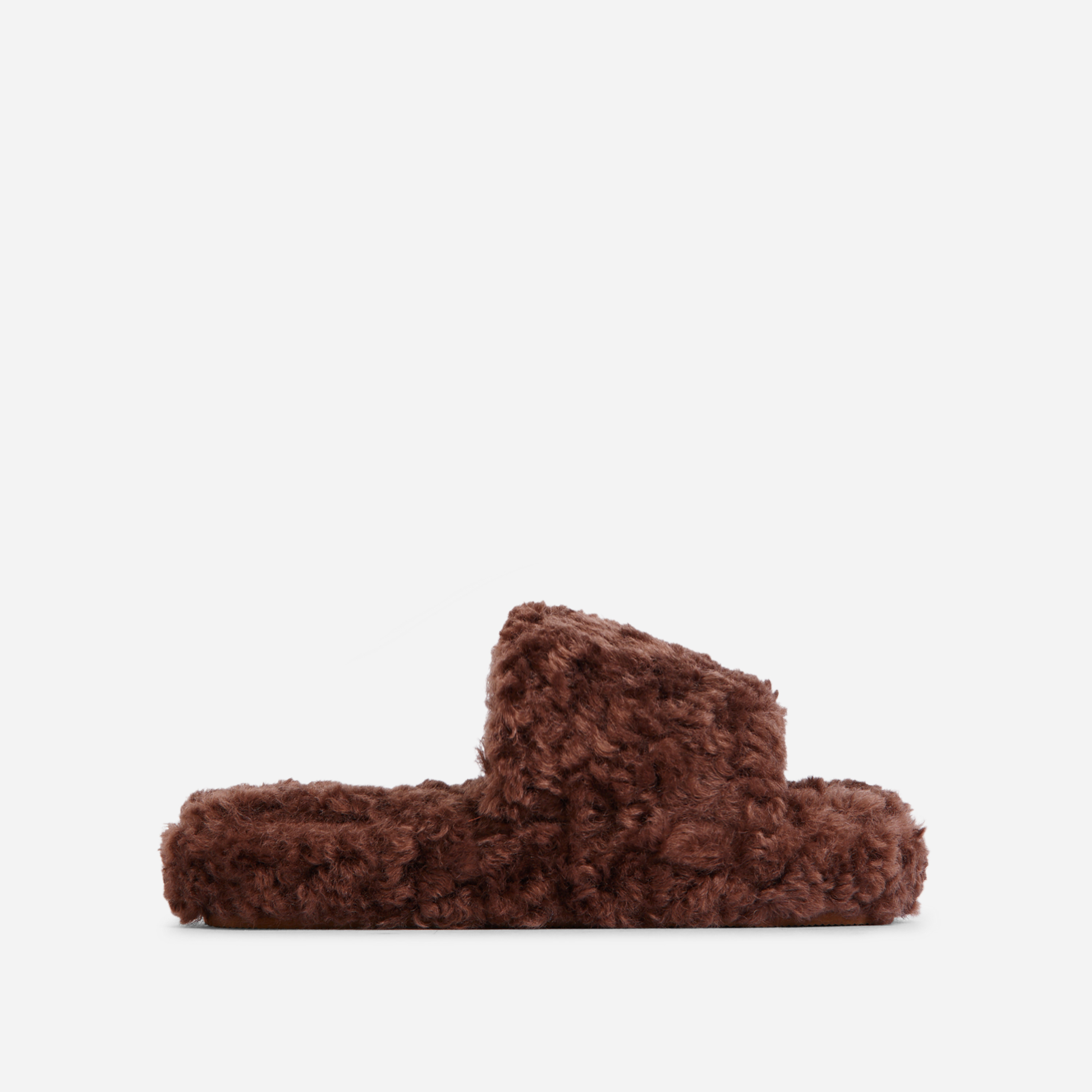 Fluffy Flat Slider Sandal In Dark Brown Faux Shearling