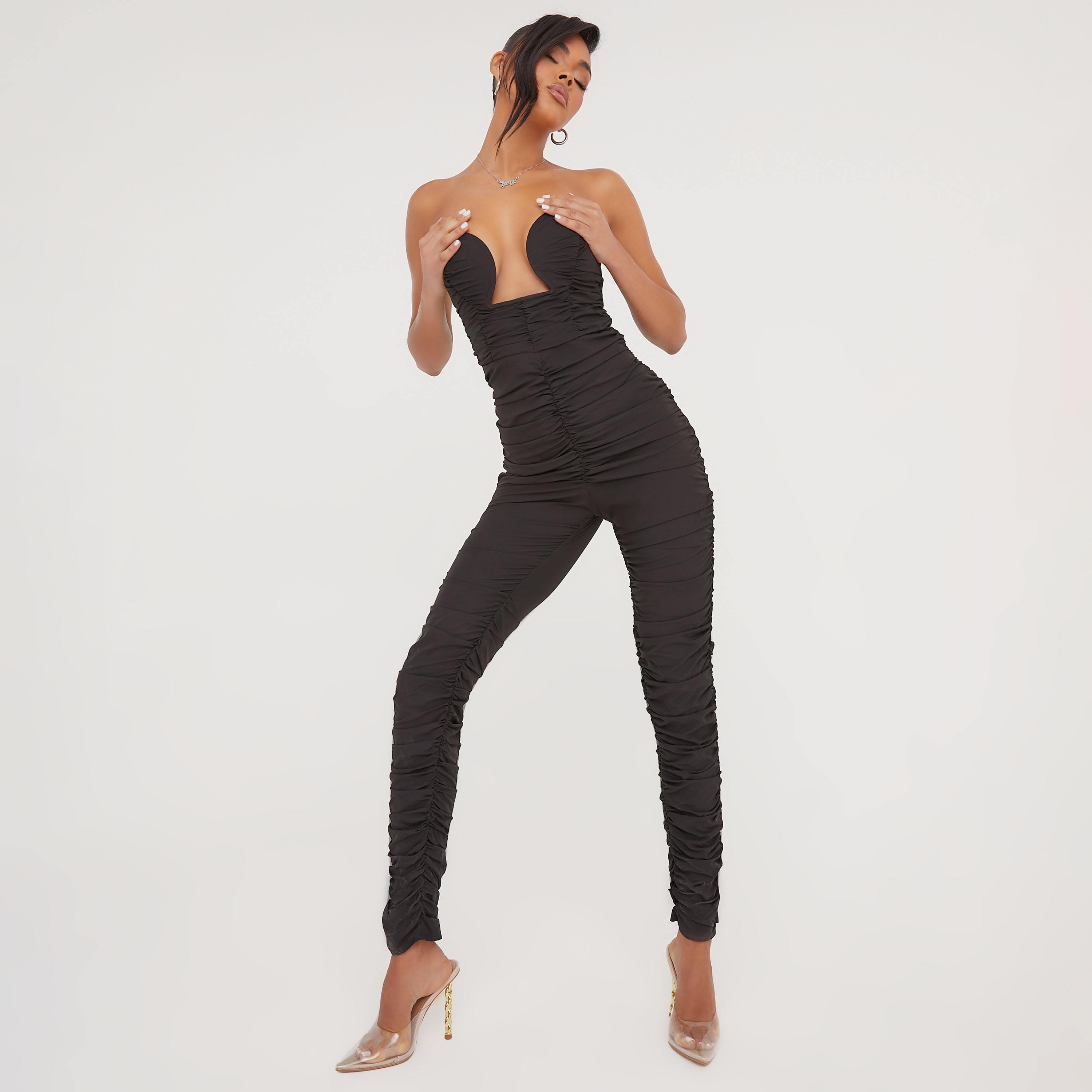 Strapless Button Front Ruched Cargo Jumpsuit Romper - Polished 24/7