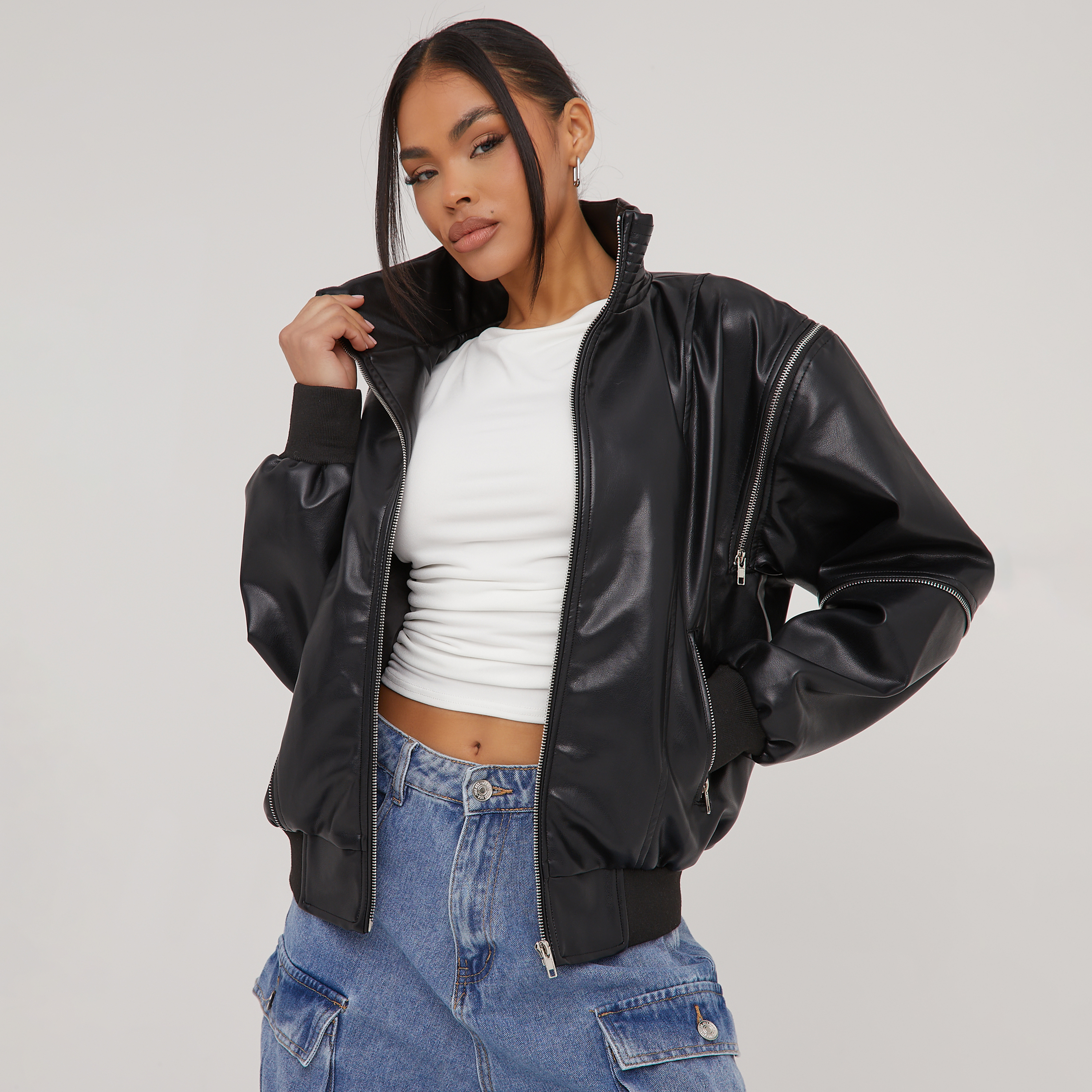 Oversized Multi Zip Detail Biker Bomber Jacket In Black Faux 