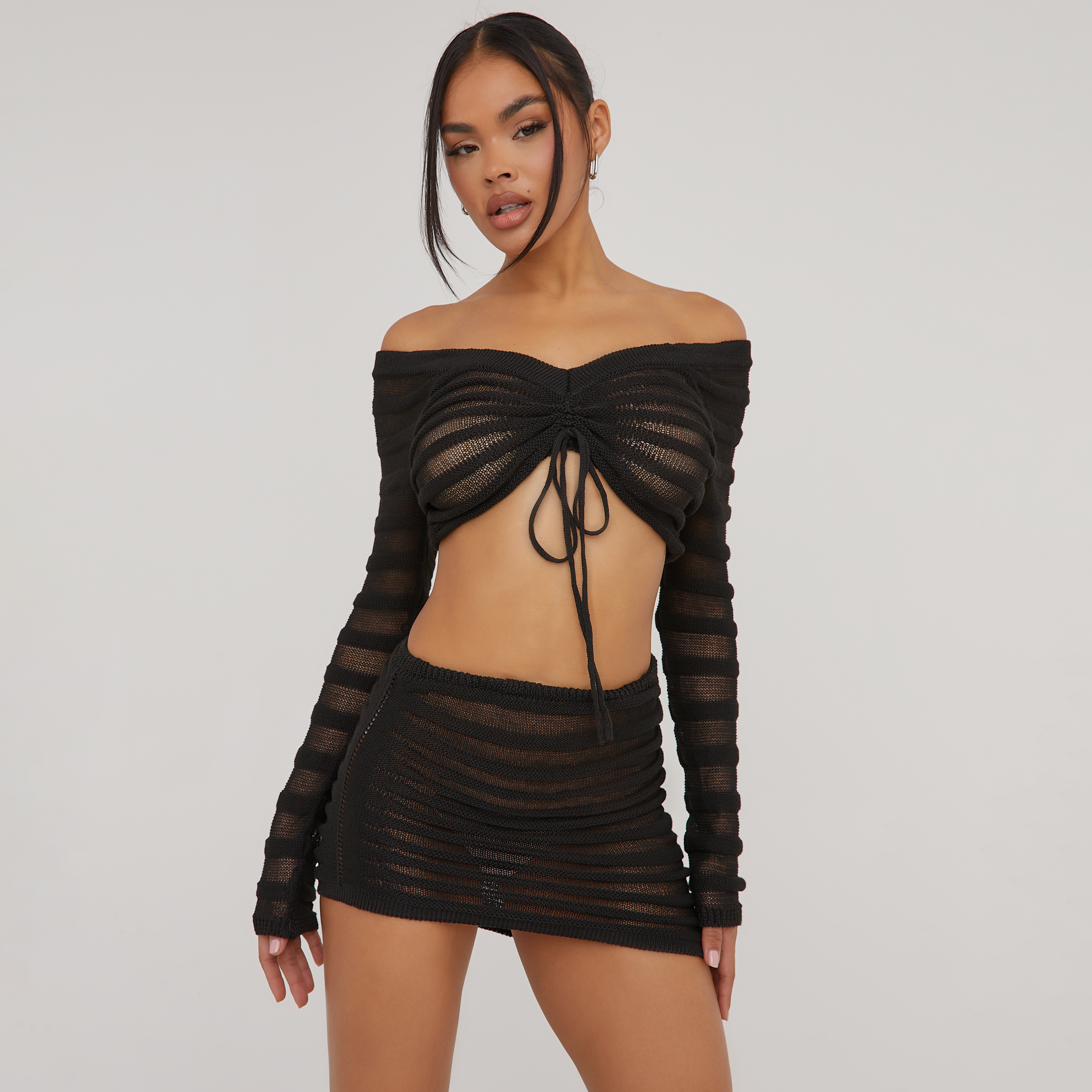 Long Sleeve Ruched Tie Front Detail Crop Top And Mini Bodycon Skirt Co-Ord  Set In Black Textured Knit