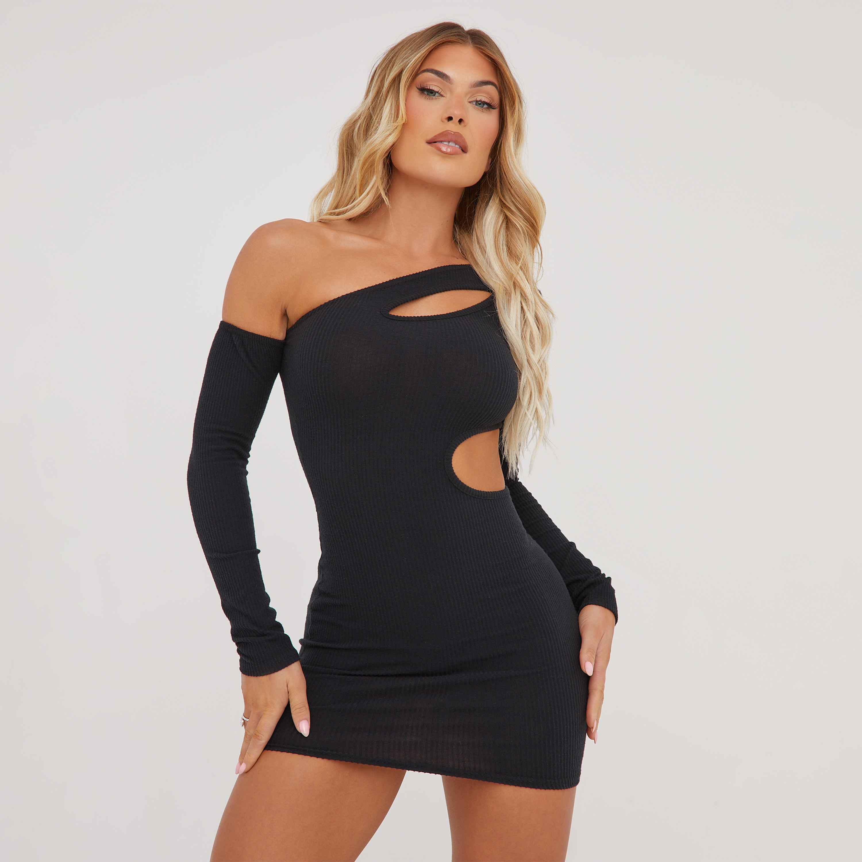 Long Sleeve Backless Thong Detail Mini Bodycon Dress In Black