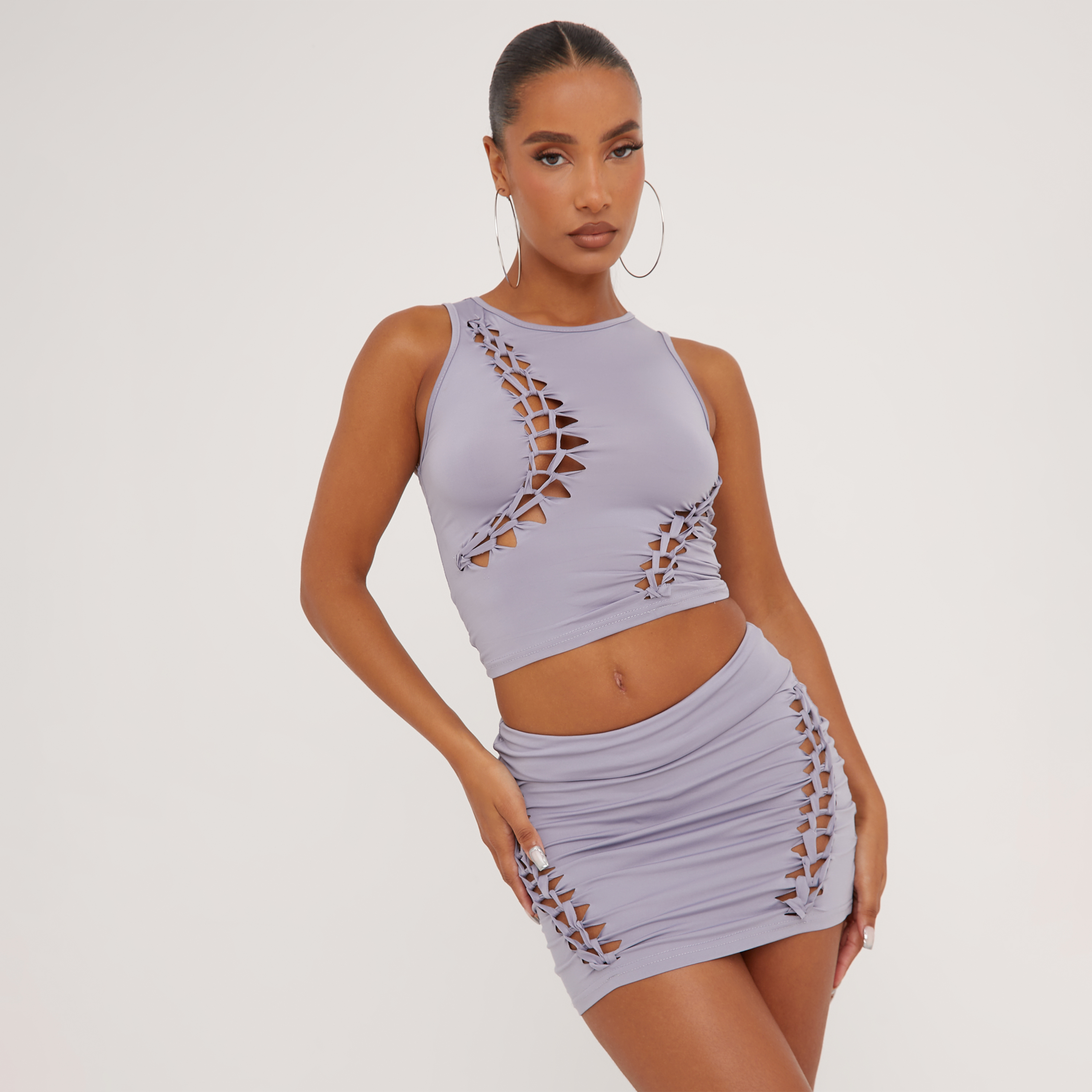 Ruched Detail Asymmetric Crop Top And Low Rise Foldover Waistband Maxi  Skirt Co-Ord Set In Beige
