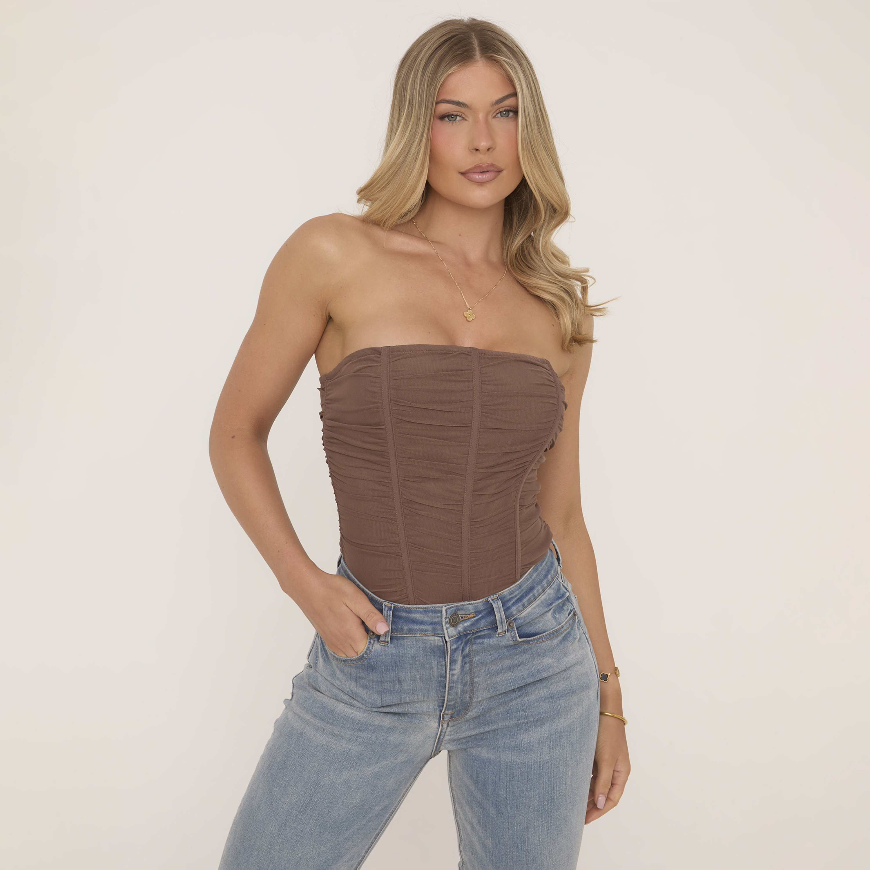GORGLITTER Women's Sheer Asymmetrical Bandeau Crop Top - Strapless Ruched Mesh Tube Top