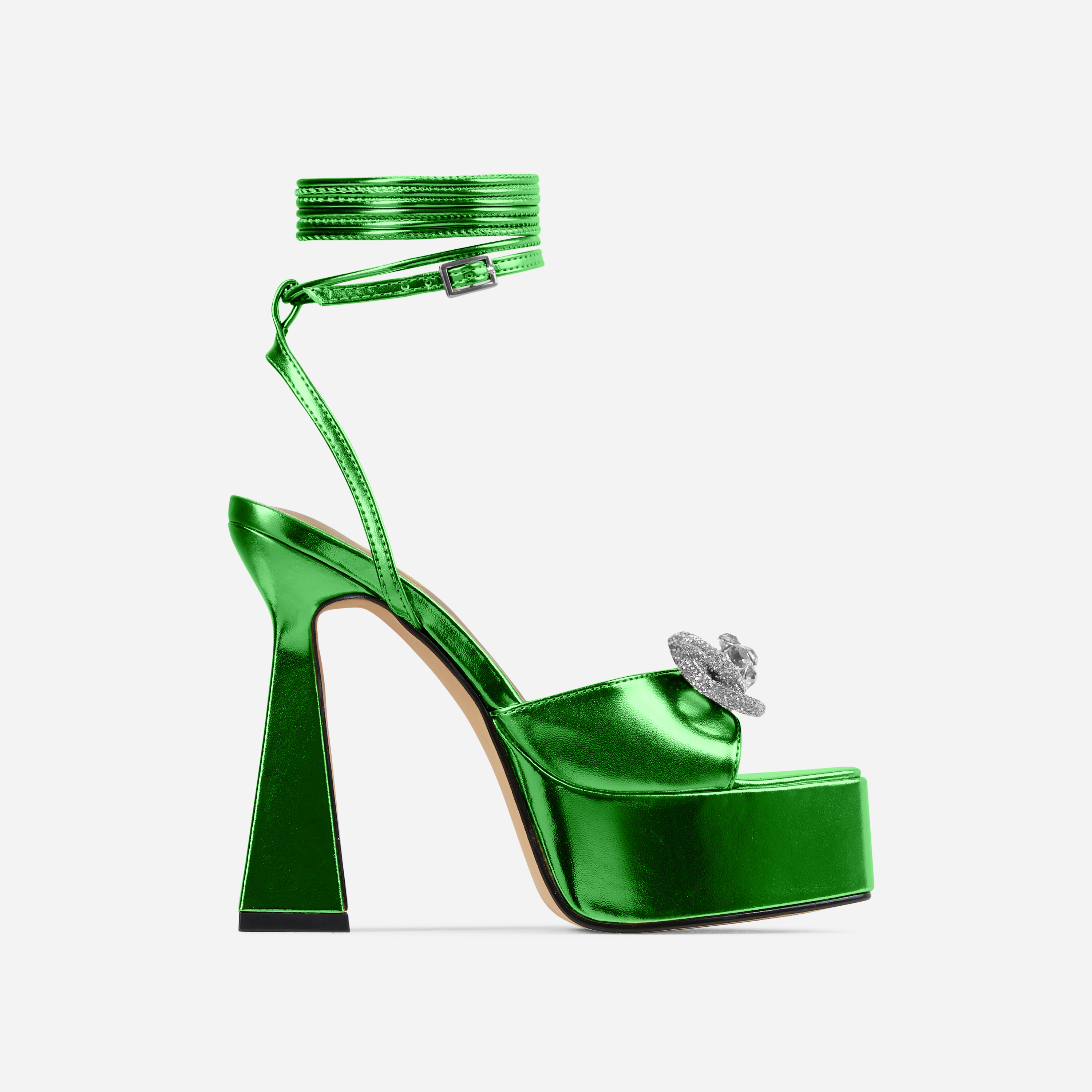 green metallic platform heels