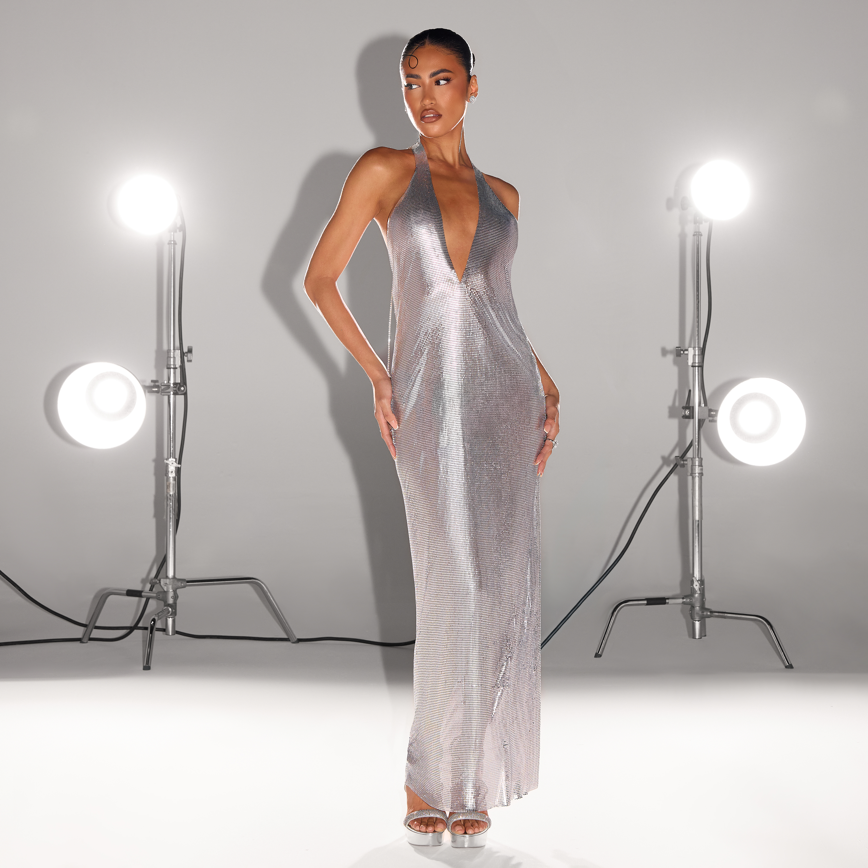 chinese dress ladies MIDNIGHT RED CHAINMAIL METALLIC MAXI DRESS – White Maison de Couture main image 1