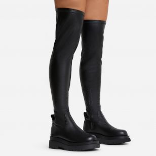 Reaching Over The Knee Thigh High Long Biker Boot In Black Faux Leather