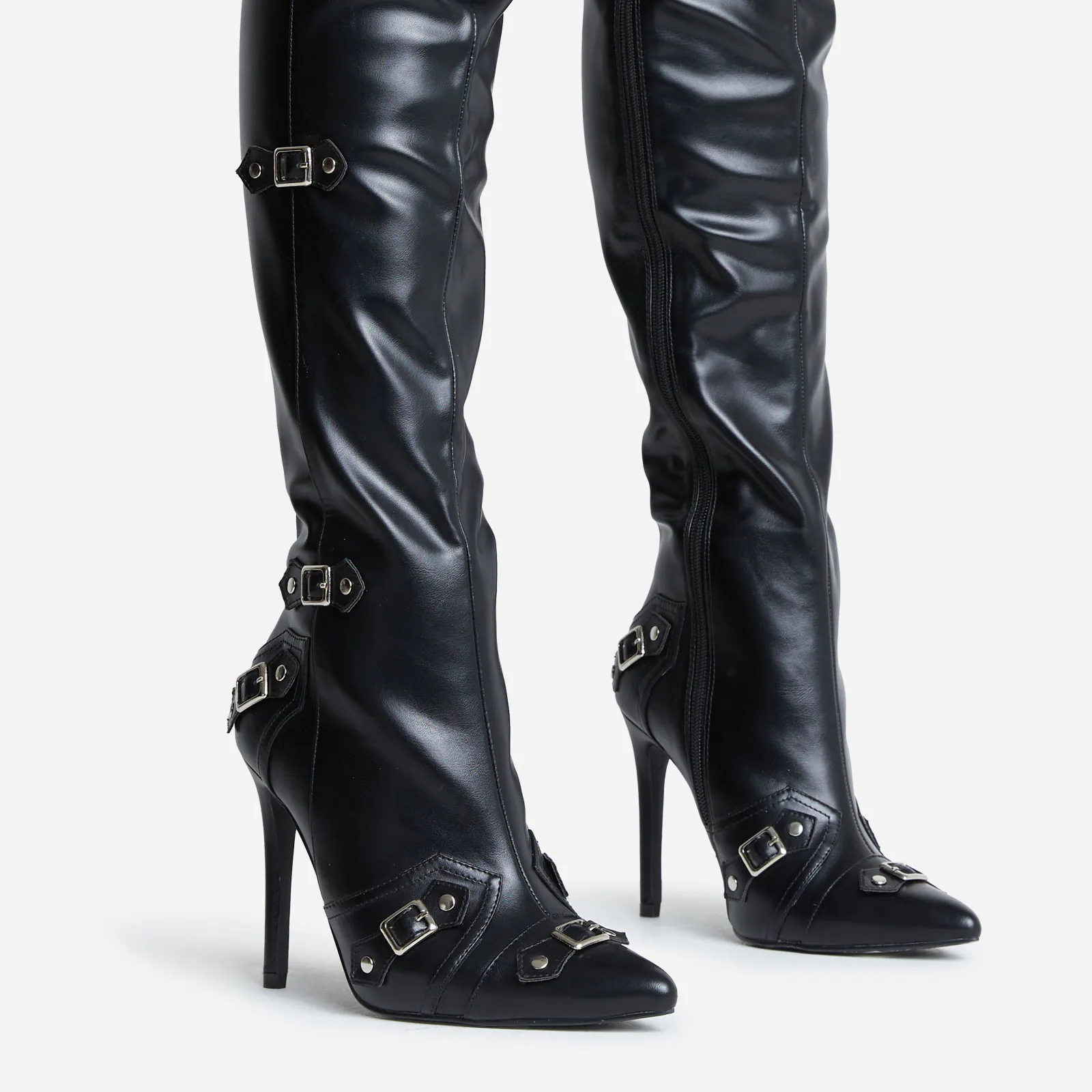 Raw-Love Buckle Detail Pointed Toe Over The Knee Thigh High Long Stiletto Heel Boot In Black Faux Leather