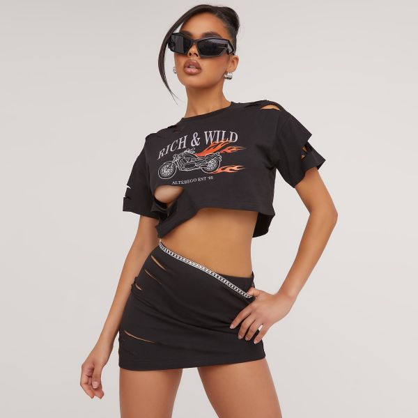 Distressed Detail ’Rich & Wild’ Moto Graphic Print Cropped T-Shirt In Black, Women’s Size UK 6
