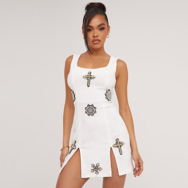 Square Neck Embellished Crucifix Detail Split Leg Mini Dress In White Woven, Women’s Size UK 6