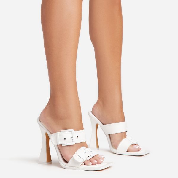 Vortex Double Strap Detail Square Toe Flared Block Heel Mule In White Faux Leather, Women’s Size UK 4