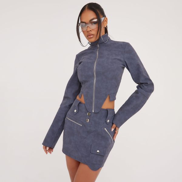 High Neck Long Sleeve Zip Front Pointed Hem Detail Cropped Jacket In Navy Acid Wash Faux Leather, Women’s Size UK 8
