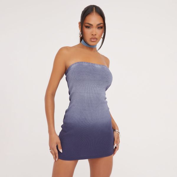 Bandeau Mini Bodycon Dress In Washed Navy Ribbed, Women’s Size UK 8