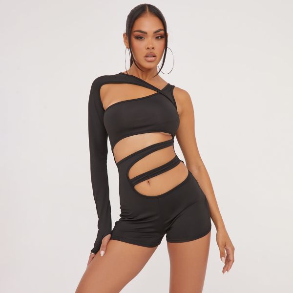 One Sleeve Extreme Cut Out Detail Playsuit In Black Woven, Women’s Size UK Medium M