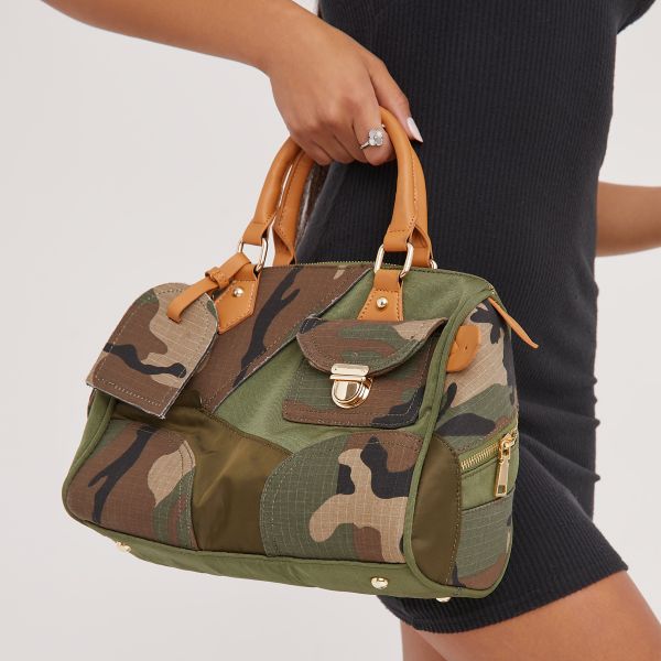 Esther Patchwork Pocket Detail Shaped Bowler Bag In Khaki Camo Print, Women’s Size UK One Size