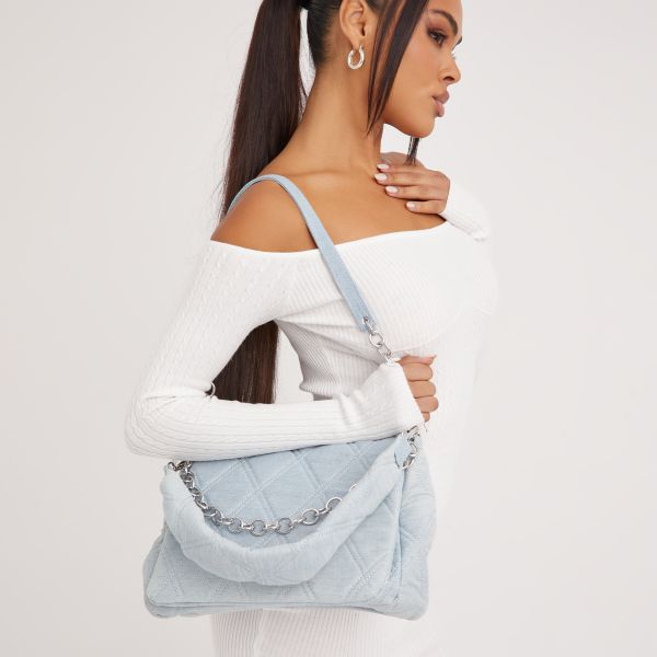 Sulien Quilted Detail Oversized Rectangle Shaped Shoulder Bag In Blue Denim, Women’s Size UK One Size