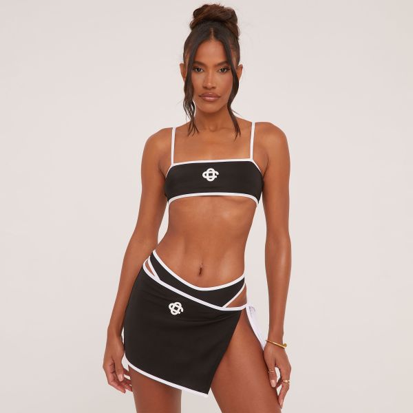 Contrast Seam Logo Detail Strappy Bikini Set And Matching Tie Side Skirt In Black, Women’s Size UK 6
