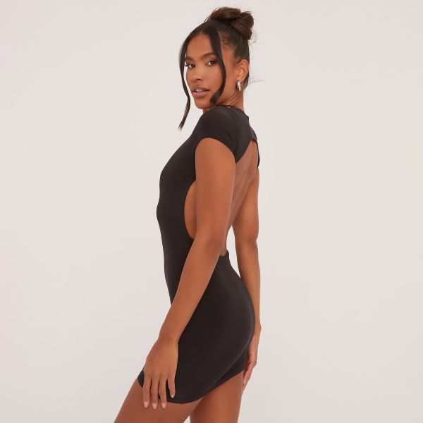 Short Sleeve Open Back Mini Bodycon Dress In Black Slinky, Women’s Size UK 14