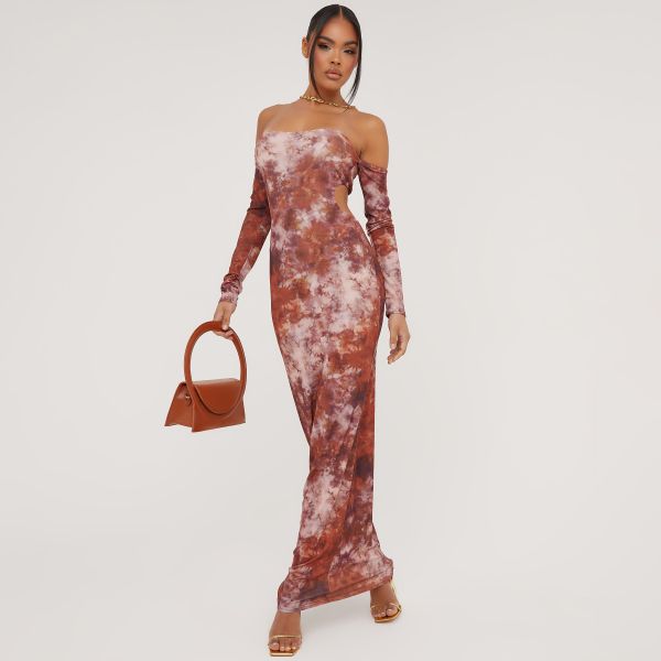 Bardot Long Sleeve Open Back Detail Maxi Dress In Brown Acid Print, Women’s Size UK 6