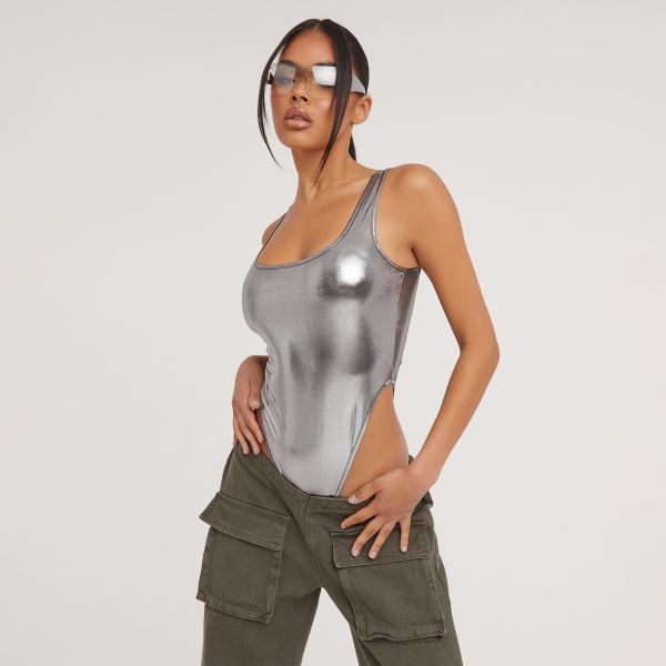 Scoop Neck High Leg Detail Bodysuit In Silver Metallic, Women’s Size UK Small S