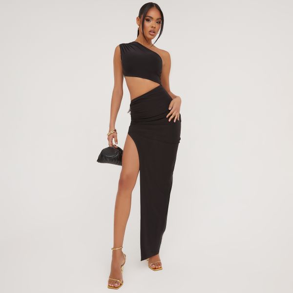 One Shoulder Cut Out Ruched Side Detail Split Leg Maxi Dress In Black, Women’s Size UK 14