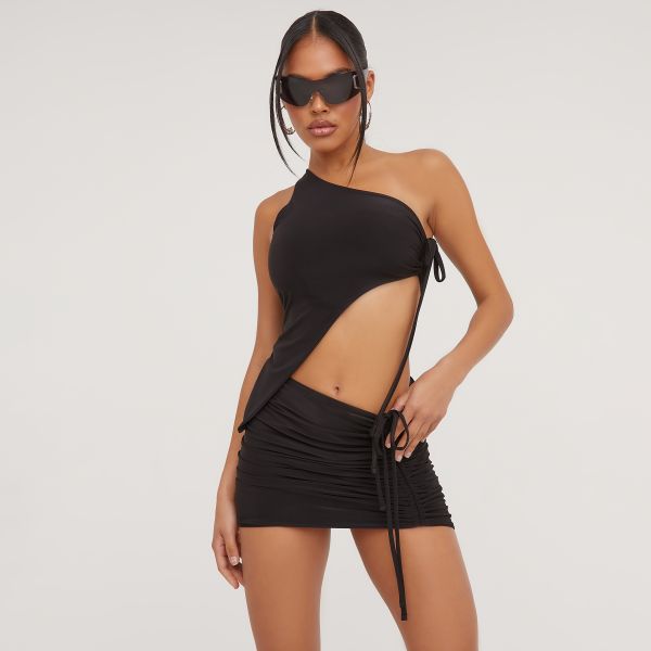 One Shoulder Ruched Detail Top And Mini Bodycon Skirt Co-Ord Set In Black Slinky, Women’s Size UK 14