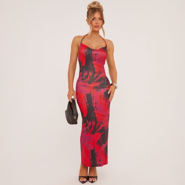 Strappy Cowl Neck Maxi Dress In Pink Abstract Print Slinky, Women’s Size UK Small S