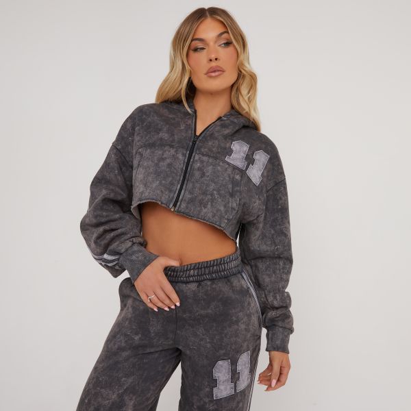 Zip Front Graphic Number Print Oversized Cropped Hoodie In Grey Acid Wash, Women’s Size UK 12