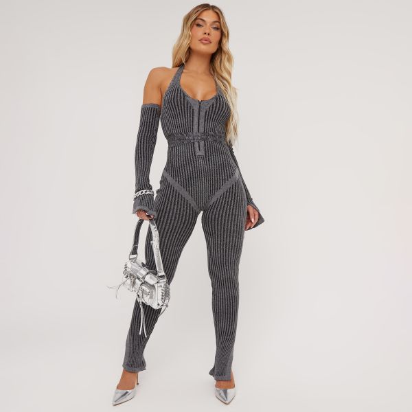 Halterneck Cross Strap Zip Front Detail Jumpsuit With Sleeves In Contrast Grey Knit, Women’s Size UK Small S
