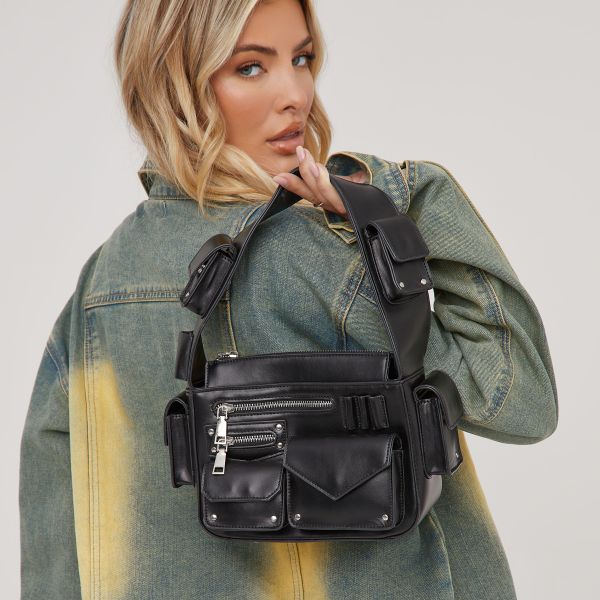Triumph Multi Pocket Zip Detail Shoulder Bag In Black Faux Leather, Women’s Size UK One Size