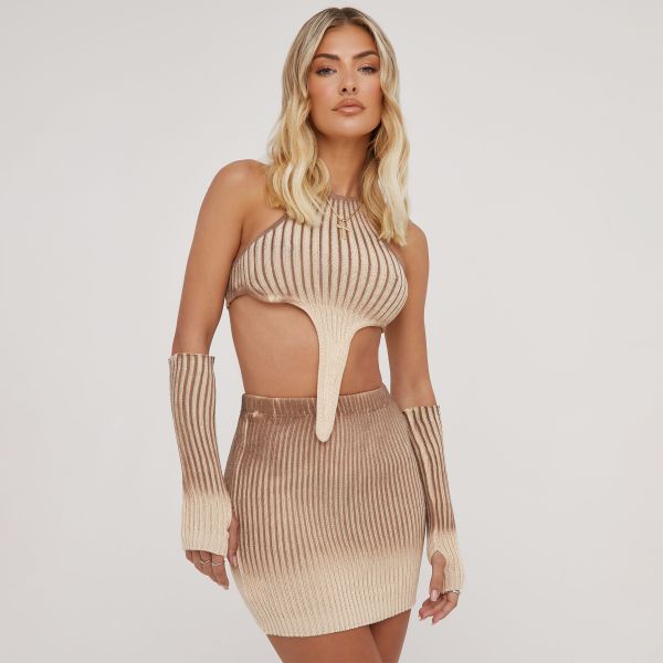 Racer Asymmetric Crop Top With Sleeves And Mini Bodycon Skirt Co-Ord Set In Stone Knit, Women’s Size UK Small S