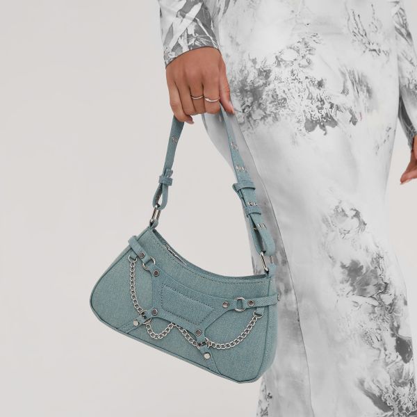 Panama Chain Detail Shaped Shoulder Bag In Blue Denim, Women’s Size UK One Size