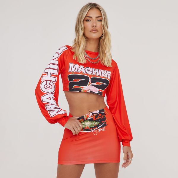 Long Sleeve Motocross Detail Crop Top And Mini Skirt Co-Ord Set In Red Slinky, Women’s Size UK Small S