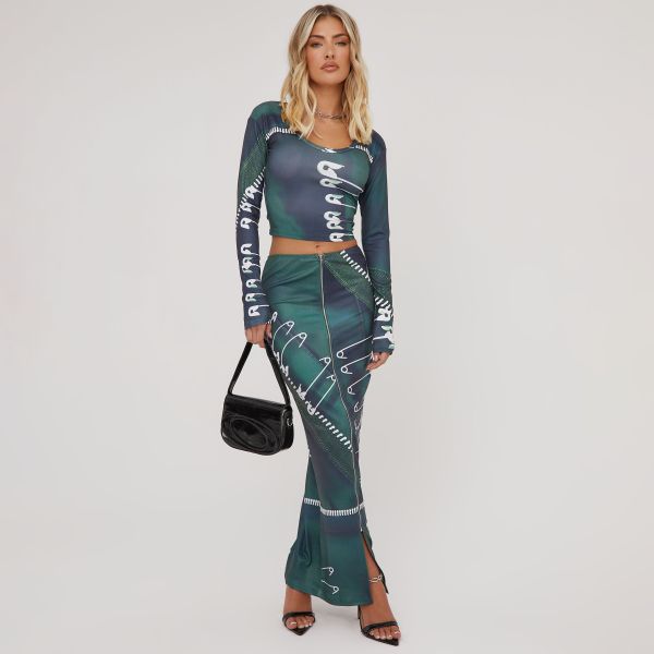 Long Sleeve Scoop Neck Pin Detail Crop Top And Maxi Skirt Co-Ord Set In Green, Women’s Size UK Small S
