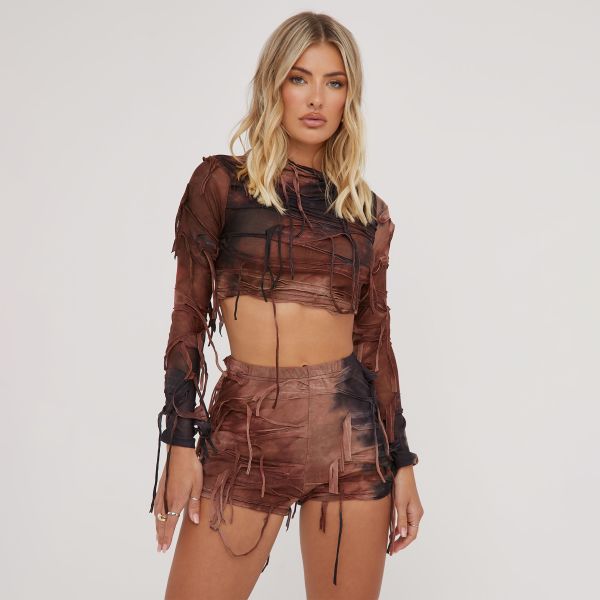 Long Sleeve Distressed Detail Crop Top And High Waist Shorts Co-Ord Set In Brown, Women’s Size UK Small S