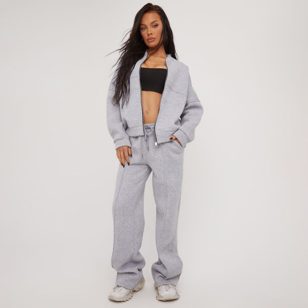 Oversized Seam Detail Bomber Jacket And Wide Leg Joggers Tracksuit Set In Grey, Women’s Size UK Small S