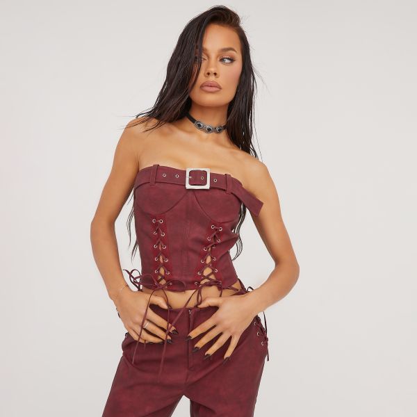 Bandeau Buckle Detail Lace Up Corset Top In Burgundy Faux Leather, Women’s Size UK Small S