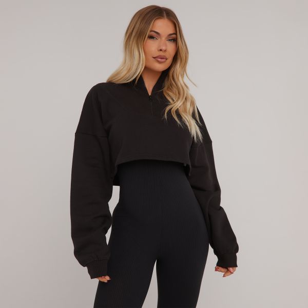 Half Zip Detail Cropped Sweater In Black, Women’s Size UK 6